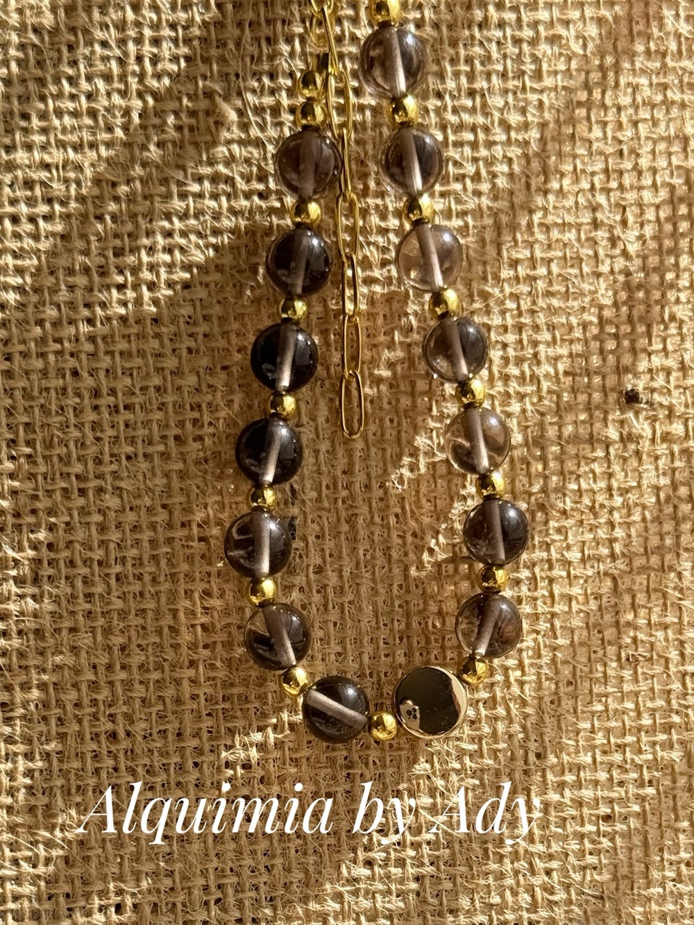 Smokey Quartz beaded bracelet with gold coin charm